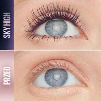 Porównanie: oko bez tuszu (dół) i oko z tuszem Maybelline Sky High Plum Twilight (góra). Wydłużone rzęsy.