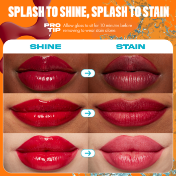 Trzy pary ust prezentują NYX Lip I.V. Hydrating Gloss Splash N Spice: błyszczący odcień czerwieni i trwały stain.