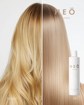 Heö Cool fioletowa odżywka dla blond włosów, efekt przed i po. Zniwelowane żółte tony, włosy chłodne. Widoczna butelka.