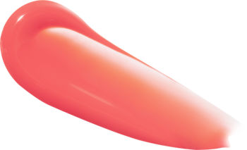 Swatche błyszczyka Dasique Juicy Dewy Melon Sherbet. Błyszcząca, różowo-koralowa smuga o nawilżającym wykończeniu.