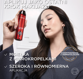 Spray utrwalający L'Oréal Paris Infaillible, czerwona butelka, kobieta aplikuje mgiełkę na twarz.
