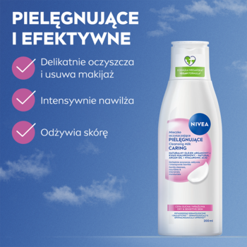NIVEA mleczko oczyszczające do suchej i wrażliwej skóry, biała butelka z różowym akcentem, obok lista korzyści.