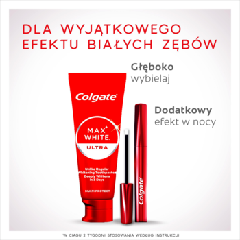 Colgate Max White Ultra: pasta w czerwonej tubie i wybielający aplikator nocny. Widok z przodu na białym tle.