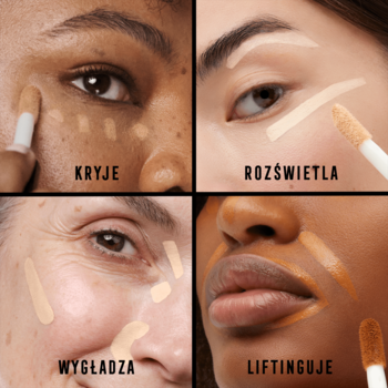 Max Factor Facefinity Multi-Perfector: cztery ujęcia demonstrujące krycie, rozświetlanie, wygładzanie i lifting skóry.
