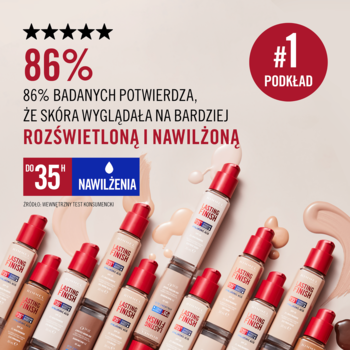 Rimmel Lasting Finish 35 H nawilżający podkład, butelki z góry, obok próbki; info: 86% potwierdza efekt.