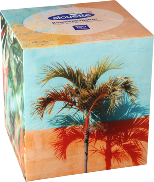 Kwadratowe pudełko chusteczek Alouette 2-warstwowych, z motywem palm i błękitnego nieba, 100 sztuk.