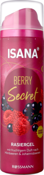 Różowy żel do golenia Isana Berry Secret z grafiką malin i czarnych porzeczek na etykiecie, widok z przodu.