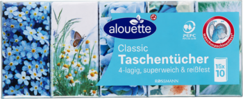 Alouette Classic chusteczki higieniczne 15x10, opakowanie w niebieskie kwiaty i motyla, 4-warstwowe, miękkie.