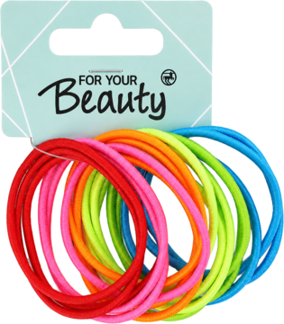 Zestaw cienkich, elastycznych gumek do włosów w różnych kolorach (czerwony, pomarańczowy, zielony, niebieski) na jasnoniebieskim opakowaniu "For Your Beauty".