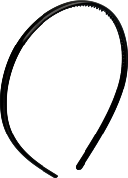 Czarna, cienka opaska do włosów z małymi ząbkami, gładka powierzchnia, produkt widoczny z góry na czarnym tle.