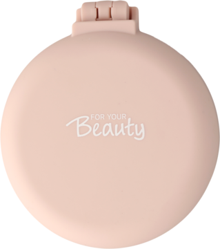 Jasnoróżowa, okrągła szczotka do włosów z lusterkiem, składana, z napisem "FOR YOUR Beauty", widok z góry.