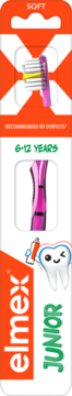 Opakowanie szczoteczki Elmex Junior soft dla 6-12 lat, pomarańczowo-białe, z fioletową główką X-kształtną.
