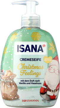 ISANA Christmas Feelings kremowe mydło, zielona butelka z pompką, Mikołajem, wanilia i orzech laskowy, widok z przodu.