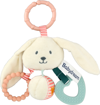 Babydream króliczek, pluszowa aktywna zabawka kremowa z różowymi gryzakami, grzechotką, zawieszka, widok z przodu.