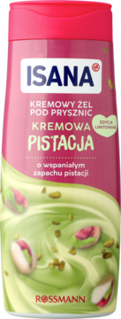 ISANA Kremowa Pistacja, kremowy żel pod prysznic w różowej butelce z zielonymi wzorami pistacji.