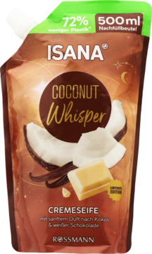 Isana Coconut Whisper kremowe mydło w płynie, zapas 500ml. Brązowy doypack z kokosem i białą czekoladą.