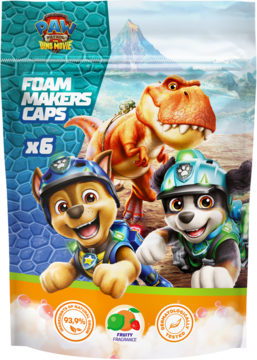 Saszetka pianotworów PAW Patrol x6, przód z Chasem, Rockym i dinozaurem, na tle wulkanu. Owocowe kapsułki do kąpieli.
