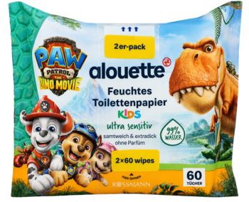 Alouette Feuchtes Toilettenpapier KIDS, 2x60, ultra sensitiv, z Psim Patrolem i dinozaurem na opakowaniu.