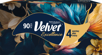 Kompaktowe pudełko chusteczek Velvet Excellence, 90 sztuk, 4-warstwowe, z granatowym tłem i wzorem tropikalnych kwiatów.
