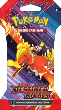 Booster pack Pokémon TCG Scarlet & Violet Destined Rivals z Ho-Oh i trenerem, czerwono-fioletowe opakowanie, widok z przodu.