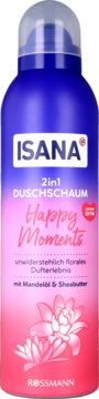 Isana 2in1 Happy Moments pianka pod prysznic, butelka niebiesko-różowa, kwiatowy zapach, widok z przodu.