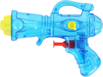Transparentny niebieski pistolet na wodę z żółtą końcówką i czerwonym spustem, widok z boku.