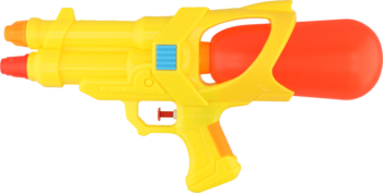 Żółty pistolet na wodę Super Soaker z dużym pomarańczowym zbiornikiem i dwiema lufami, widok z boku.