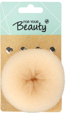 Beżowa siateczkowa gąbka do koka, widok z przodu, na opakowaniu "FOR YOUR Beauty", do stylizacji włosów.