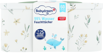 Babydream 99% Wasser Feuchttücher 60 szt., białe opakowanie z motywem kwiatów i rysunkiem wieloryba, widok z przodu.