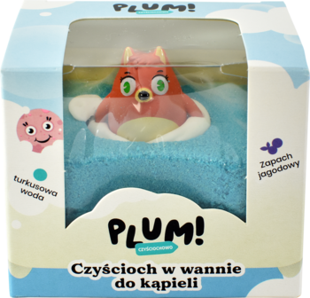 Plum! Czyścioch w wannie do kąpieli: niebieska kula z figurką lisa w przezroczystym opakowaniu.
