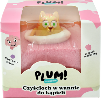 Plum! Czyściochowo, różowa kula do kąpieli z figurką żółtego kotka w białym kole, w pudełku.