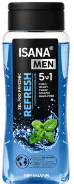 Isana Men Refresh żel pod prysznic 5w1 w niebieskiej butelce z miętą i minerałami morskimi, widok z przodu.