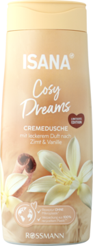 Isana Cosy Dreams kremowy żel pod prysznic cynamon wanilia, beżowa butelka z grafiką kwiatów i cynamonu, przód.
