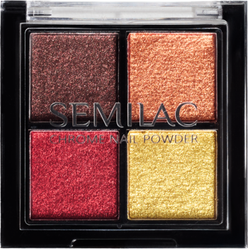 Otwarta paletka pyłków Semilac Chrome Nail Powder, 4 metaliczne odcienie: brązowy, pomarańczowy, bordowy i złoty.