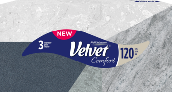 Zbliżenie na logo Velvet Comfort chusteczek, z napisem NEW, 3-warstwowe, 120 sztuk, na pudełku.