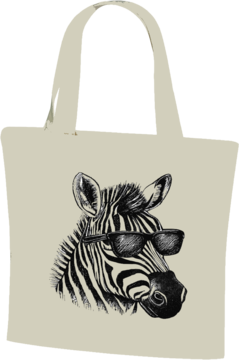 Torba bawełniana naturalna 38x42 cm z jednostronnym nadrukiem casual modnej zebry w okularach, widok z przodu.