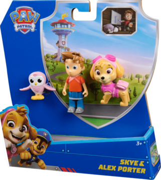 Paw Patrol Skye & Alex Porter figure set. Alex, Skye in pink outfit, and owl figure in blue packaging.