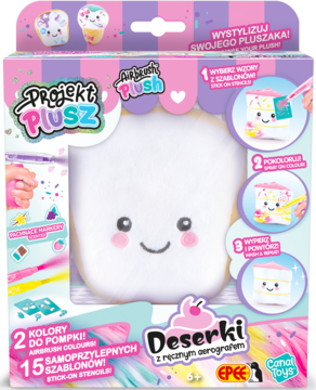 Zestaw Projekt PLUSZ Deserki: biały pluszak do samodzielnego ozdabiania, aerograf, szablony w pudełku.
