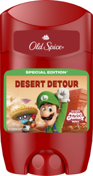 Czerwony dezodorant w sztyfcie Old Spice Desert Detour z Luigim z Mario Galaxy Movie, widok z przodu.
