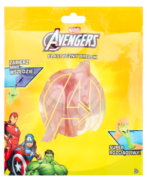 Żółte opakowanie Marvel Avengers Elastyczny Brelok. Prześwitujące, rozciągliwe logo A i bohaterowie. Widok przód.