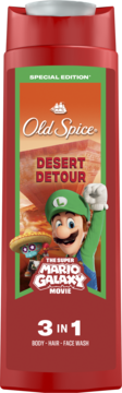 Czerwony żel Old Spice Desert Detour 3w1, z Luigi i Super Mario Galaxy Movie na etykiecie, frontalny widok.