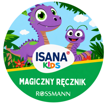 Okrągłe opakowanie ISANA KIDS Magiczny Ręcznik, z grafiką fioletowego dinozaura i gąsienicy, Rossmann.