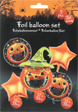 Zestaw 5 halloweenowych balonów foliowych: dynia-wiedźma, dwie dynie 'Happy Halloween' i dwie pomarańczowe gwiazdy.