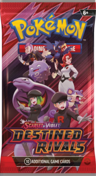 Czerwony booster Pokémon TCG Scarlet & Violet Destined Rivals, z postaciami Team Rocket, zawiera 10 kart.