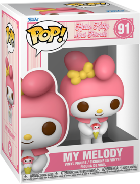 Funko Pop! My Melody z Hello Kitty, różowa figurka w kapturku z żółtą kokardką, trzymająca rożek lodowy, w pudełku.
