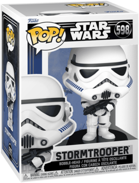 Biała figurka Funko Pop! Star Wars 598 Stormtrooper z blasterem, w opakowaniu kolekcjonerskim, widok z przodu.