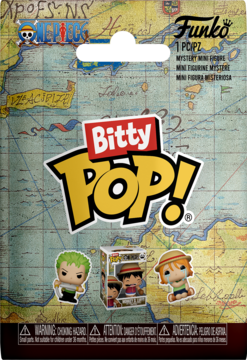 Zapieczętowana paczka Funko Bitty Pop! One Piece mystery mini figura z postaciami Zoro i Nami na tle starej mapy.
