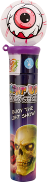 Cukierki pudrowe i zabawka Light-Up Candy Stick z gałką oczną, czaszką i napisem 'Enjoy the Light Show!'