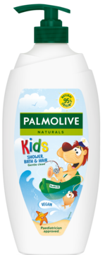 Palmolive Kids Shower Bath & Hair, biała butelka z zieloną pompką, rysunek lwa, 95% naturalne.