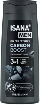 Isana Men Carbon Boost żel pod prysznic 3w1 z aktywnym węglem, ciemna butelka, widok z przodu.